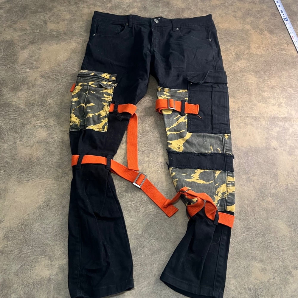 Motive Denim Cargo Pants Mens 36 Black‎ Yellow Camo Straps Streetwear Tactical
